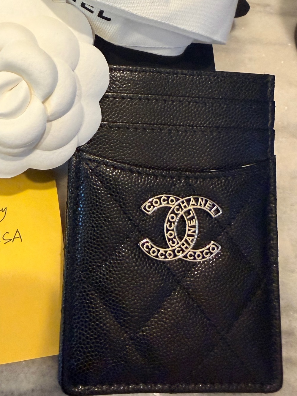 Black Quilted caviar Card Holder with Interlocking Logo